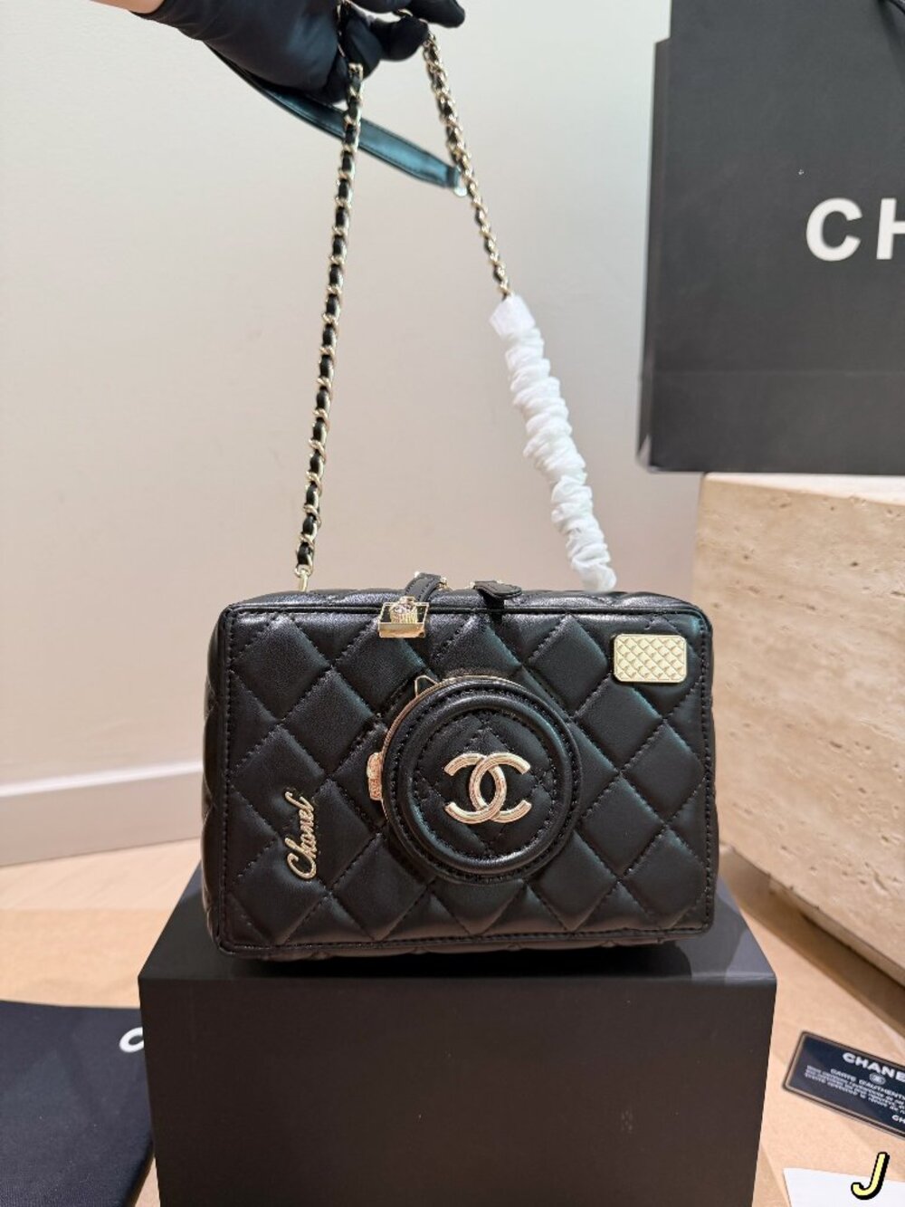 Vintage Style Chanel Lambskin Camera Bag Round Circular Double C Gold Logo